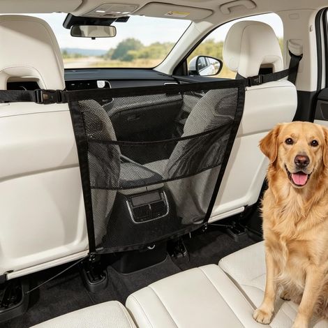 Car Dog Grille with Storage Pockets, Dog Partition Net, 69 x 57 cm, Front Seat Dog Safety Barrier, Universal Back Seat Net (1/5)
