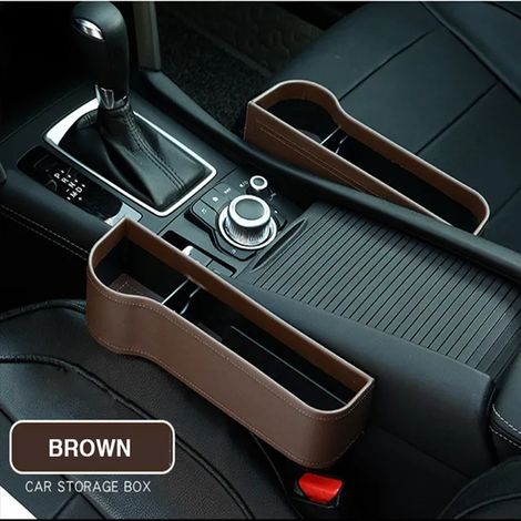 Organisateur de siège auto en cuir marron (paire) - Boîte de rangement étanche avec porte-gobelet - Convient pour portefeuille, téléphone, pièces de monnaie, clés et cartes (1/5)