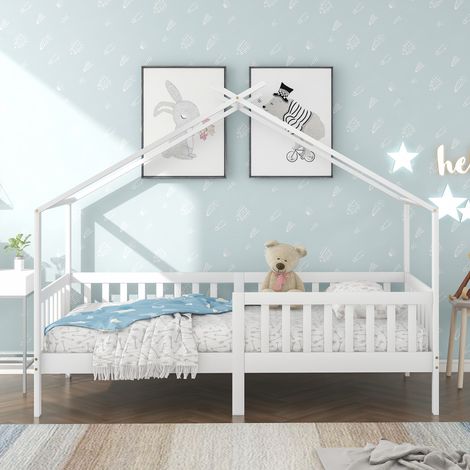 Magnifique lit maison enfant 200×90cm blanc,bois massif,clôture et cadre à lattes,protection anti-chute pour enfants et adolescents (1/5)