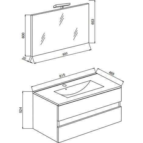 Meuble de salle de bain suspendu 80 cm en bois de chêne fumé avec vasque et miroir - Empoli - Avec colonne miroir et lampe LED