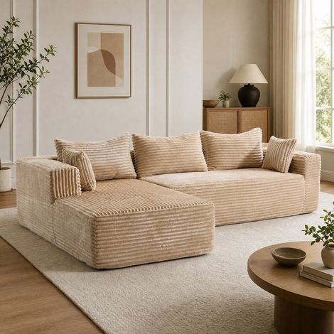 Canapé d'angle modulable 279x179x83 cm en tissu côtelé beige, gain de place pour salon FloraGrace (1/5)