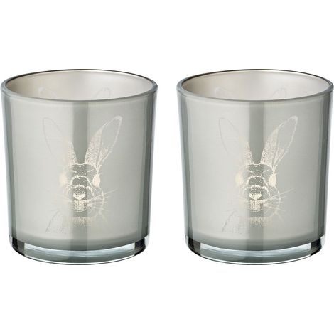 Lot de 2 photophores en verre gris avec motif lapin doré, bougeoirs pour bougie chauffe-plat H 8 cm - PANGIVO (1/5)