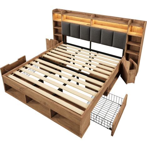 Cama doble 180x200 cm color roble con cabecero LED y puertos USB C (1/5)