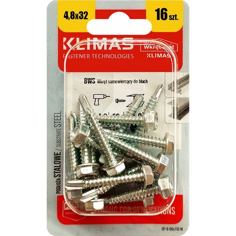 Vis Autoperceuses Pour Tôle Klimas, 4.8 x 32 mm, Tête Hexagonale, Blister 16 Pièces (1/5)