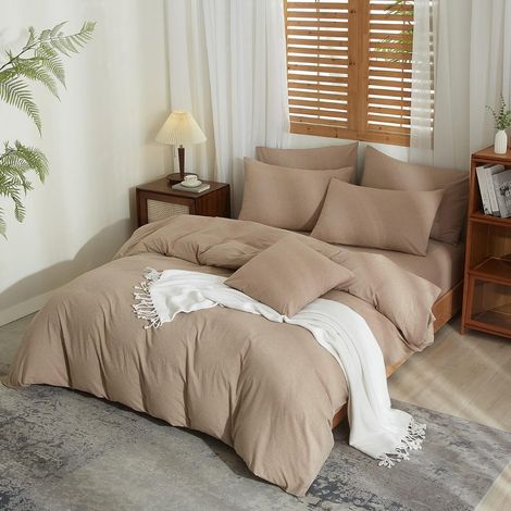 Housse de Couette Demi-Lin 240x260 Brun Parure de Lit Mélangé Doux Respirant Douillet Coton Lin Linge de Lit 2 Personne avec Fermeture Éclair et Taies d'oreiller 65x65 cm (1/5)