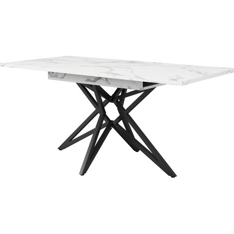 Mesa de comedor extensible 120-160 x 80 cm con tablero efecto mármol blanco y patas metálicas negras (1/5)