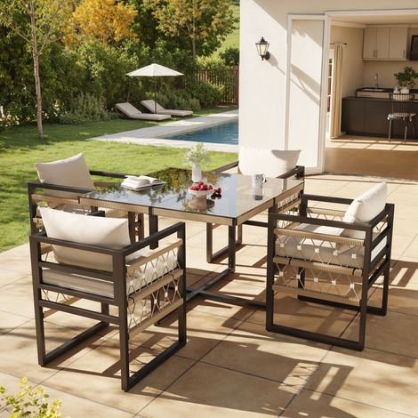 Lot de 4 fauteuils, en fer et verre, pour jardin et terrasse, Ensemble salon jardin 4 personnes structure fer robuste, 4 coussins beiges