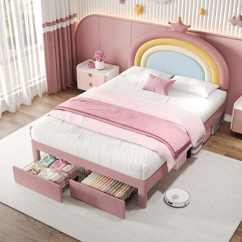 Pink Velvet Upholstered Storage Bed with Adjustable Rainbow Headboard - 4ft6 Double Bed Frame, Crown Design, Easy Assembly, No Box Spring Needed