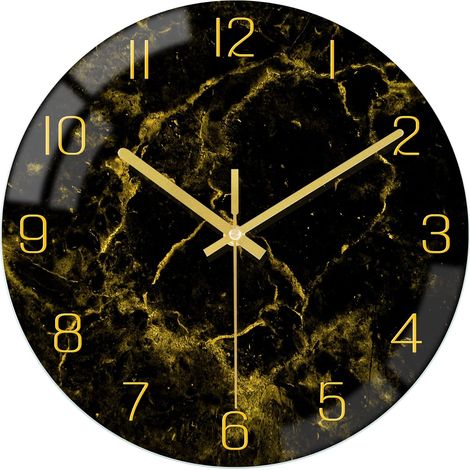 Horloge murale moderne de 30 cm, texture marbre noir et or, aiguilles dorées - silencieuse, à piles, mouvement à quartz rond - décoration rustique pour cuisine, chambre, salon et bureau (1/5)