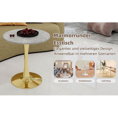 Table basse ronde dorée avec plateau en marbre à veinures gris clair et style moderne pour salon, bureau et salle à manger (1/5)