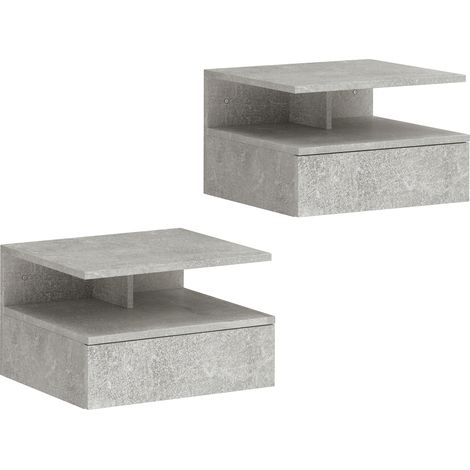 Set di 2 Comodini Sospesi 35x32x22,5 cm con Cassetto e Mensola Aperta Rivestimento in Melamina Grigio Cemento (1/5)