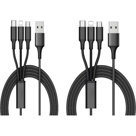 Compatible avec iPhone, lot de 2 chargeurs - Câble de charge 3 en 1, USB-C, Micro-USB, iPhone - 1,2 m Noir (1/5)