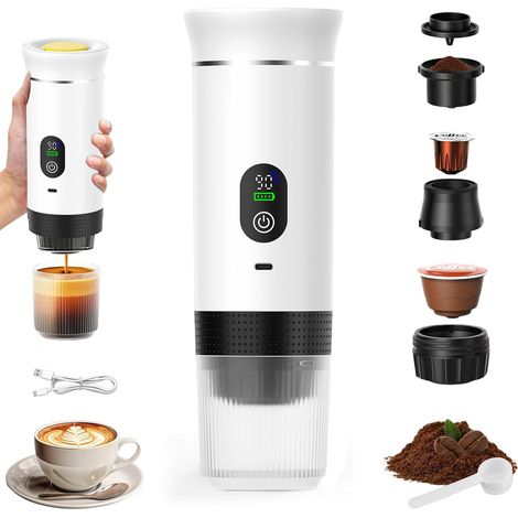 3-in-1 Tragbare Kaffeemaschine, wiederaufladbare Reisekaffeemaschine, 12-V-Espressomaschine für Kapseln und gemahlenen Kaffee, für Camping, Reisen, Büro, Auto und Zuhause, Weiß