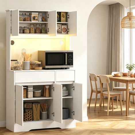 Hohes Küchenbuffet mit RGB‑LED‑Beleuchtung, Arbeitsfläche, 6 Türen und 2 Schubladen, Küchenaufbewahrungsmöbel (1/5)