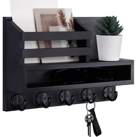 Soporte de pared para llaves y correo con 5 ganchos y caja de almacenamiento, 30 x 20 x 8 cm (1/5)
