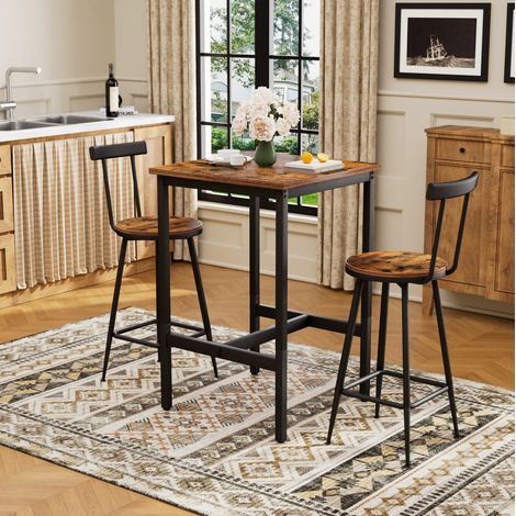 Conjunto de mesa alta y 2 taburetes de bar en aglomerado y acero, marrón rústico y negro, 60x60x92 cm (1/5)