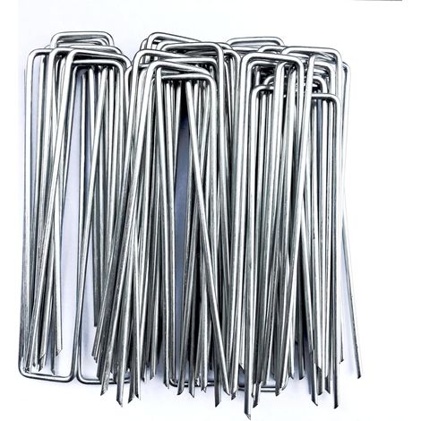 Lot de 100 piquets de jardin galvanisés en forme de U, 150 mm, piquets de sol pour membrane de contrôle des mauvaises herbes, tissu de filet de gazon artificiel Piquets de sol pour paysage (1/5)