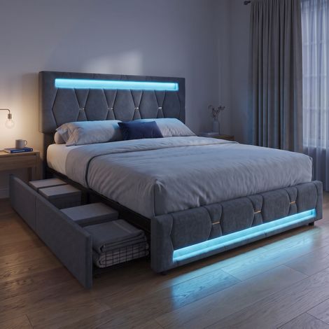 Lit double 160x200 cm avec 4 tiroirs, lit capitonné en lin avec LED RGB, tête de lit réglable, style moderne, Gris (1/5)