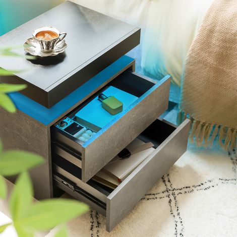 Table de nuit lumineuse LED, 2 tiroirs, grise, pour chambre à coucher (1/4)