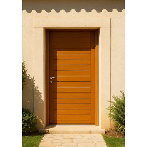 Puerta de entrada de madera maciza Laura, H.215xL.90 cm, lado de la tabla derecha, manija, bombillo GD MENUISERIES
