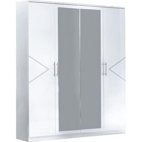 Armoire de chambre design 4 portes battantes bois blanc laqué et métal argenté Diamanto 182cm (1/3)