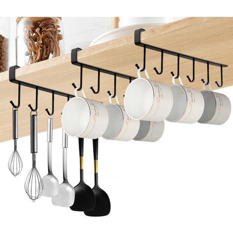 3 Pièces Porte-Tasses, Tasse Rangement Crochets pour Accroche Ustensiles de Cuisine, Support Tasse Sans Perçage, Stockage de Tasse pour Tasses/Ustensiles de Cuisine/Cravates Ceintures(Noir) (1/4)