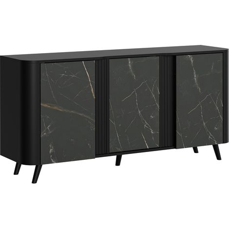 Aparador Modus, Negro + Mármol negro, 76x151cm, Número de puertas: 039cm, MDF, Aglomerado laminado
