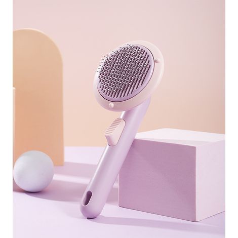 Cepillo de plástico autolimpiante para mascotas, peine de acero inoxidable para mascotas, cepillo para eliminar el pelo, rosa malva (1/3)