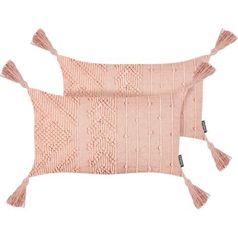 Lot de 2 Coussins en Coton 30 x 50 cm Rectangulaire avec Pompons Rose Pêche Valvaria