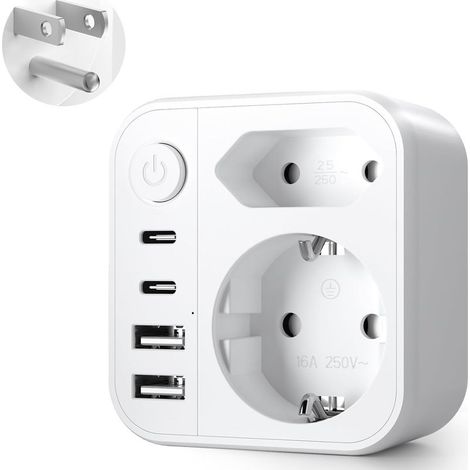 6 in 1 US plug adapter, American standard to European standard, with 2 USB A and 2 USB C (1/5)