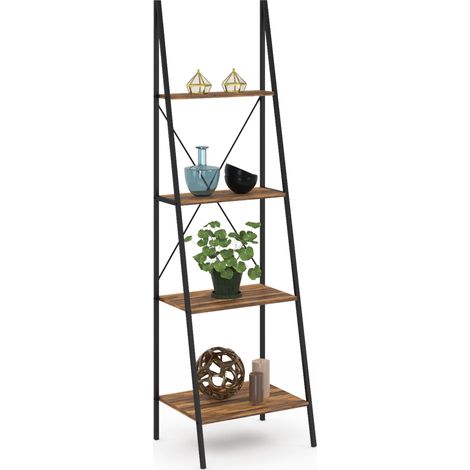 Idmarket – Etagère échelle 4 niveaux bois foncé – Longueur 50 cm – Largeur 40 cm – Hauteur 170 cm – Style industriel – 4 étagères longues 46 cm