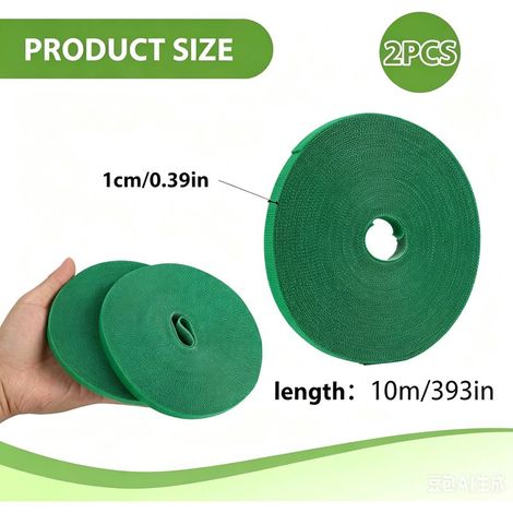2 attaches de jardin (10mm), 10 m de liens réutilisables auto-agrippants vert gazon, parfaites pour plantes, tomates et tuteurs.