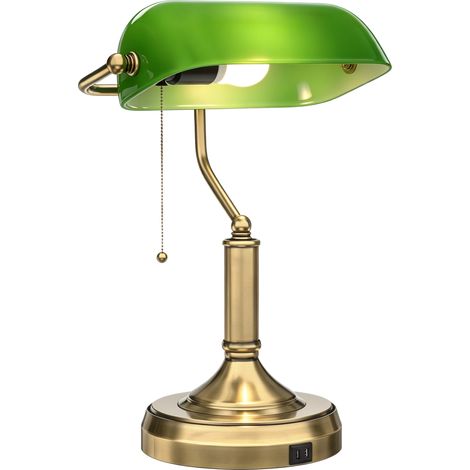 HOMCOM Desk Lamp with Vintage Bronze Tone Base, Pull Rope Switch, Green (1/5)