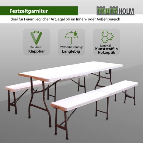 Bierzeltgarnitur 3 teilig weiß Festzeltgarnitur 180x75cm klappbar Gartenmöbelset 2 Bierbänke 1Tisch (1/5)