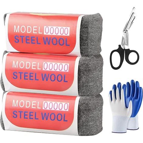 Steel Wool, 3 Rolls 00000 Steel Wool, Extra Fine Steel Wool, Cleaning Plastic Blinds, with Scissors and Gloves, for Filling Holes and Cracks in Walls (1/5)