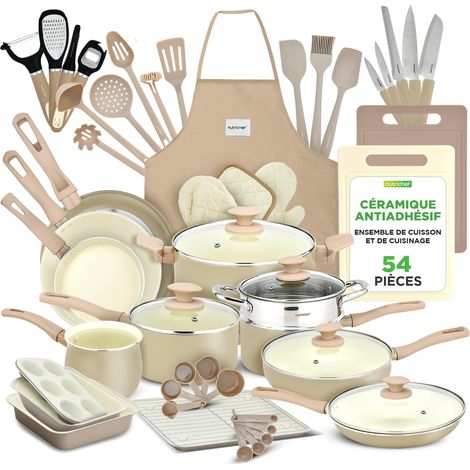 Batterie de Cuisine 54 Pièces – Set Complet Poêles et Casseroles Céramiques Antiadhésives avec Couvercles et Ustensiles, Tous Feux Induction Gaz Électrique - Marron Taupe (1/5)