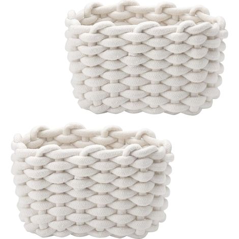 Lot de 2 Petits Paniers Tressés Blancs en Coton Doux, Paniers Carrés de Rangement pour Jouets et Bain