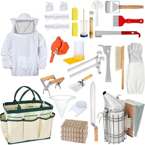 Kit apiculture 24 pièces – Outils en acier inoxydable – Enfumoir ergonomique – Sac de transport résistant