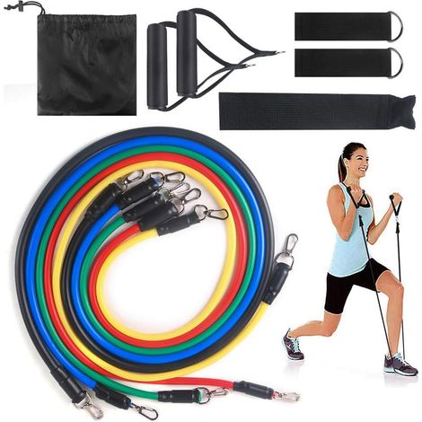 Set of 11 resistance bands for exercise, yoga exercises with 5 tubes, hand grips, door anchor, foot ring and storage bag for women M a (1/5)