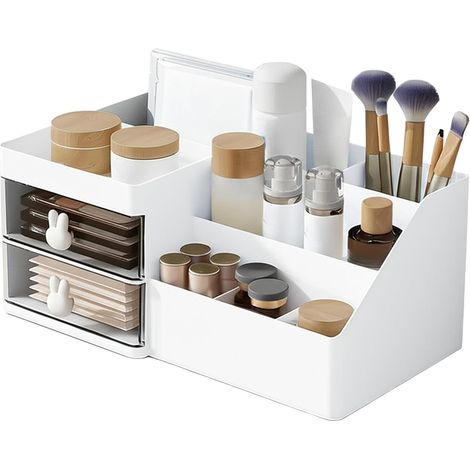 Weißer Make-up-Organizer mit Schublade – Aufbewahrungsbox für den Schreibtisch, Make-up-Pinselhalter, Kosmetik-Organizer aus Kunststoff für Schminktisch, Badezimmer und Schlafzimmer. (1/5)