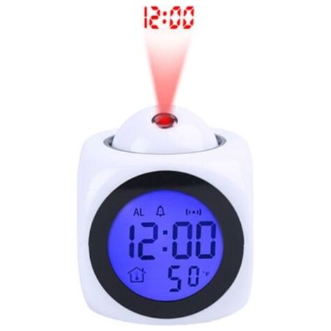 Projecteur d'horloge numérique au Plafond Rétro-éclairage à Piles Affichage LED Horloge de projecteur avec rétro-éclairage Alimenté par Piles Rotation du réveil (Blanc) (1/5)