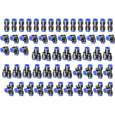 Kit de 60 raccords pneumatiques rapides pour tuyaux d'air de 6 mm, comprenant des connecteurs droits, coudés, en T et en répartiteur (1/5)