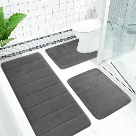 Lot de 3 tapis de bain en mousse à mémoire de forme - Tapis de bain absorbant - Doux et à séchage rapide - Antidérapant et lavable - Pour douche, WC et baignoire - Gris foncé (1/5)