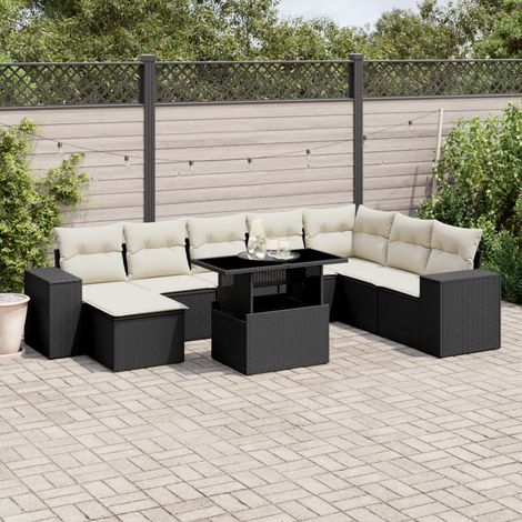Ensemble jardin 9 places résine tressée noir avec coussins crème - Table extensible verre trempé - Mobilier extérieur modulaire (1/5)