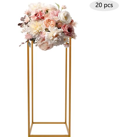 Lot de 20 présentoirs à fleurs carrés, support colonne, cadres métalliques dorés, pour centre de table mariage, décoration de fête, cérémonie et réception (60 cm haut) (1/5)