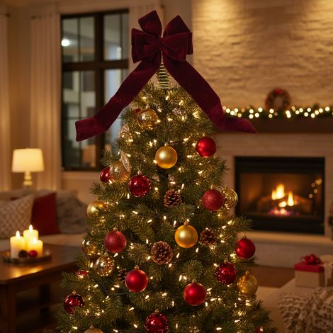 Puntale con fiocco per albero di Natale in poliestere, da h 72 cm -Bordeaux (1/5)