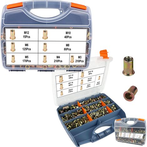 Kit d'écrou de rivet 860pcs, assortiment d'écrou de rivet SAE UNC, 1/4"-20, 5/16"-18, 3/8"-16, 1/2"-13, insert en acier au carbone à tête plate Kit d'outils d'écrou de rivet fileté avec boîtier