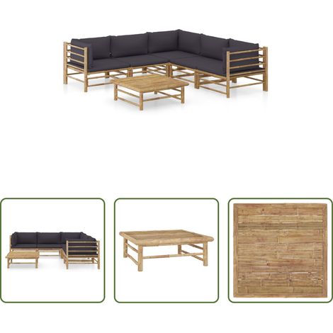 vidaXL Set de muebles de jardín 6 piezas bambú con cojines gris oscuro (1/5)
