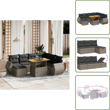 The Living Store Salon de jardin 8 pcs avec coussins gris résine tressée - Ensemble Salon De Jardin - Mobilier De Jardin - Résine Tressée - Rotin Synthétique - Table Extensible (1/5)