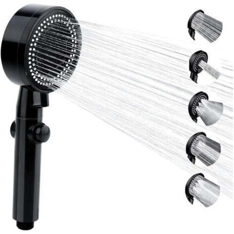 High Pressure Water Saving Shower Head, 6 Mode Adjustable Bathroom Shower Head, Anti Limescale Shower Head with Stop, Easy to Install (Black-A) (1/4)